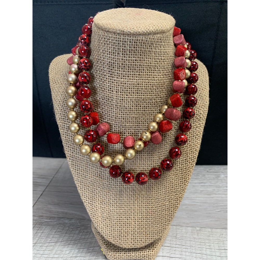 Jessica Simpson Red Gold Leopard Print Beaded Multi Strand Statement Necklace
